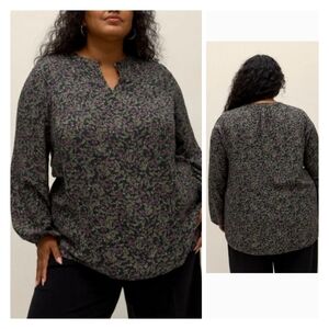 Penningtons Green Purple Floral Long Sleeve Top Blouse Size 2X New Office Flowy